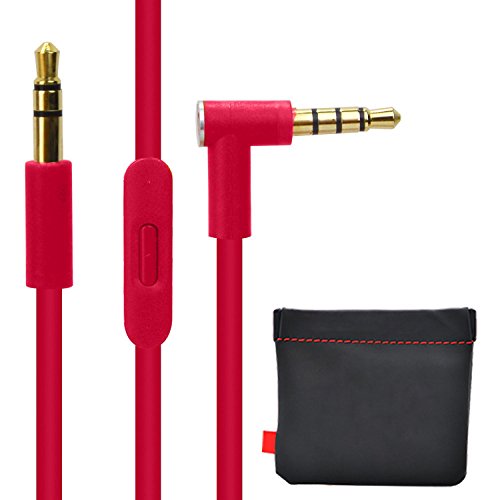 Replacement Audio Cable Cord w/in-line Remote & Microphone + Replacement Leather Pouch Bag for Beats by Dr Dre Headphones Solo Studio Pro Detox Wireless Mixr Executive (Pink)