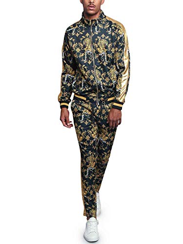 G-Style Usa Men's Gold Accent Tiger Print Track Suits 2 Piece Sweatsuit Set St556 - Black - X-Large #TOP5