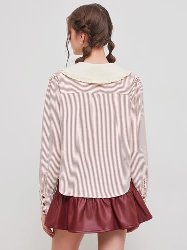 CIDER Shirts for Women Striped Embroidery Oversized Shirt Doll Collar Long Sleeve Blouse V Neck Woven Top3