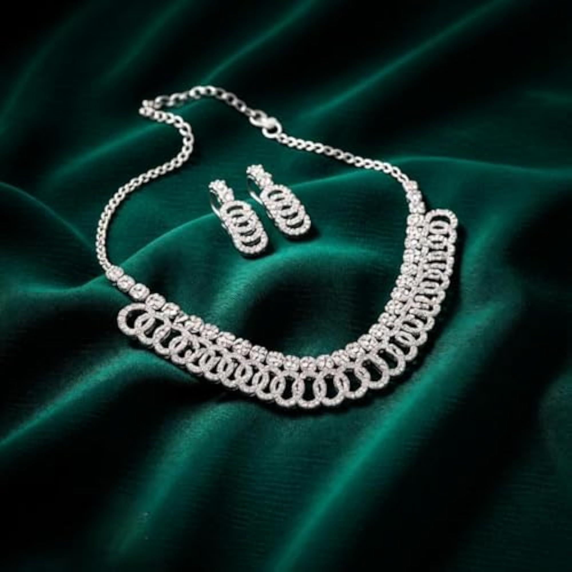 American Diamond Necklace Set with Earrings, Silver Tone