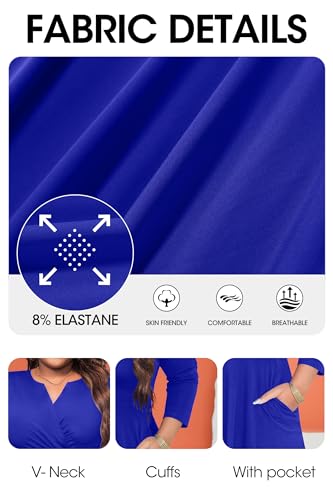 Image of Runwind Women's Plus Size Midi Dress 3 /4 Sleeve Fit and Flare Cocktail Dresses Casual V-Neck Dress with Pockets