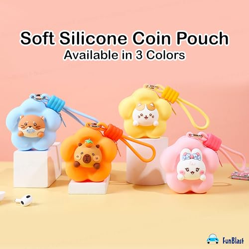 Image of FunBlast Soft Silicone Coin Pouch - Cute Animal Design Mini Purse with Strap, Multipurpose Silicone Pouch, Small Zipper Wallet for Kids & Girls, Kawaii Coin Bag - 9 X 9 X 6.5 cm (Blue)