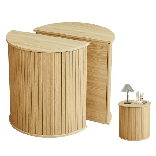 LEVNARY Nesting Round Side Table Set of 2, Half-Moon End Tables with Storage Lids, Accent Fluted Bedside Tables with Metal Frame, Sofa Table Nightstand for Bedroom Living Room (1 Round, Natural) by LEVNARY - Used condition - US$73.65