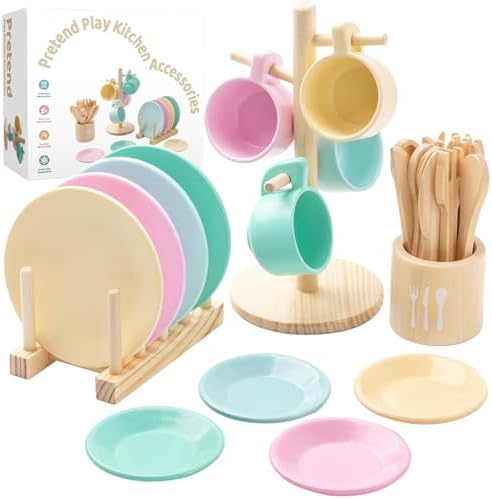 GAGAKU Holzspielzeug Kinderküche Geschirr Set - 27-teiliges Kinder Teeservice aus Holz mit Aufbewahrungsständer, Montessori-Spielzeug für Kinder 3-5 Jahre, Lernspielzeug für Rollen