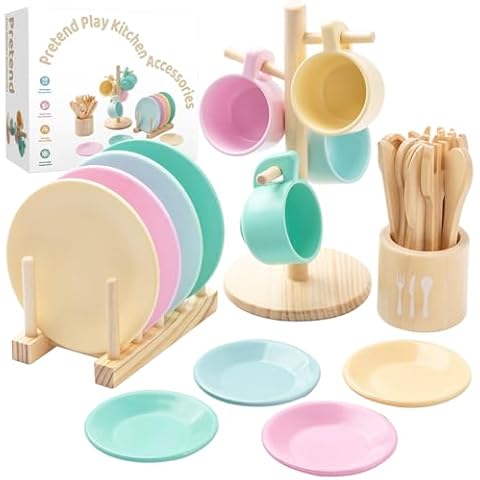 GAGAKU Kids Wooden Play Dishes Set 27-Piece Cover