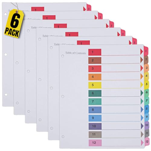 1InTheOffice Table of Contents Divider Tabs, 12 Tab Dividers for 3 Ring Binders, Multi-Color, 11 x 8.5, (6 Pack)