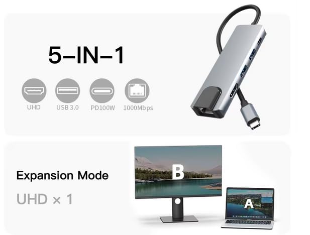 Image of 𝟏𝟓 𝐘𝐄𝐀𝐑𝐒 𝐖𝐀𝐑𝐑𝐀𝐍𝐓𝐘 New Version USB-C Hub, 5-in-1 Multiport Adapter with HDMI, USB 3.0 Ports, RJ45 Ethernet, Space Grey Aluminium Docking Station
