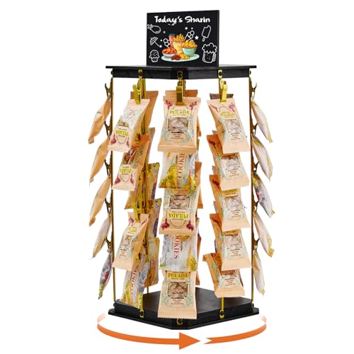 Pinzoveco Chip Rack Display Stand, 5 Tiers 40 Clips Snack Organizer for Office Desk, 360° Rotating Wooden Base Chip Holder Candy Display for Concession Stand, Countertop, Party, With Message Board