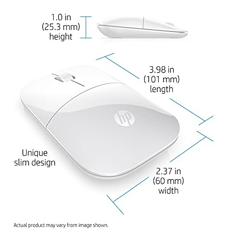 Image of HP Z3700 Wireless Mouse, White, Slim, Multi-OS & Device Compatibility, 2.4 GHZ Connectivity, Multi-Surface Technology, Blue LED 1200 dpi Optical Sensor, Up to 16 Months Battery Life