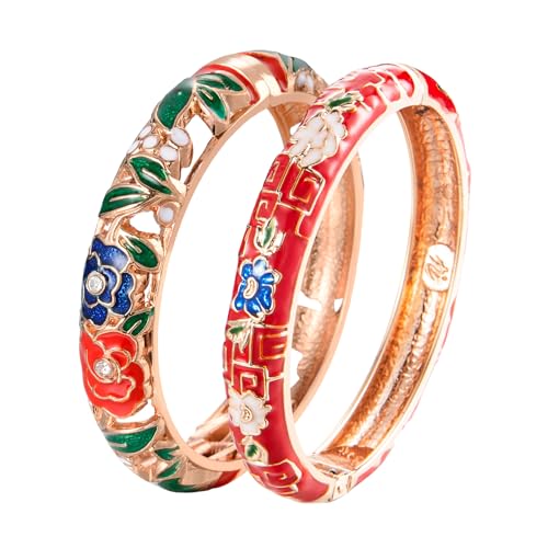 Image of wynameleri Vintage Cloisonne Jewelry Gorgeous Rhinestone Handcrafted Bracelets Enamel Flower Bird Gold Hinged Cuff Bangles Gifts 88C07-55A120 orange, Diameter: 2.4''