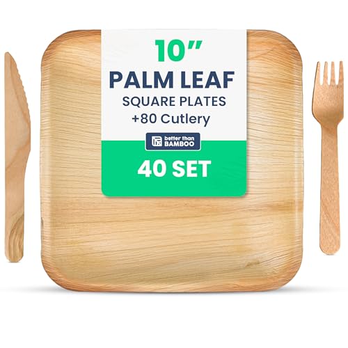 40 Disposable Plates (10 Inch) + 80 FREE Compostable Cutlery (40 Forks, 40 Knives) | Heavy Duty Party Plates | Biodegradable, Eco-Friendly, Alternative to Bamboo, Wood, Paper, Plastic