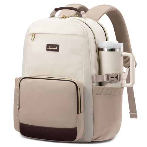 Image of LOVEVOOK Laptop Backpack for Women with Pouch Pocket for Large Capacity Cup,15.6 Inch Laptop Computer Bag Travel Backpack Purse,Waterproof Work Business College Teacher Backpack,Beige-Nude-Logam Plum