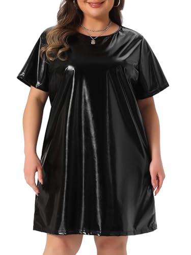 Image of Agnes Orinda Plus Size Dress for Women Metallic Round Neck Short Sleeve Party Clubwear Loose Mini T-Shirt Dress