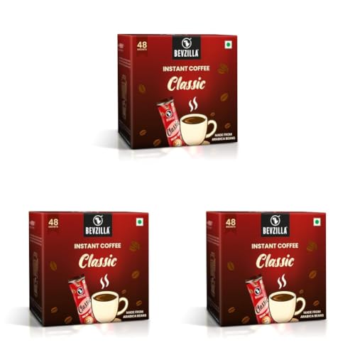 Image of Bevzilla 48 Classic Instant Coffee Sachets | Arabica Coffee | Perfect for Espresso, Latte & Cappuccino | Enjoy Hot & Cold Brews | 96g (Pack of 3)