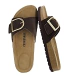 CUSHIONAIRE Leeds Genuine Leather Suede Womens Sandals, Comfortable Slides for Women with Adjustable Statement Buckle, Brown, 9