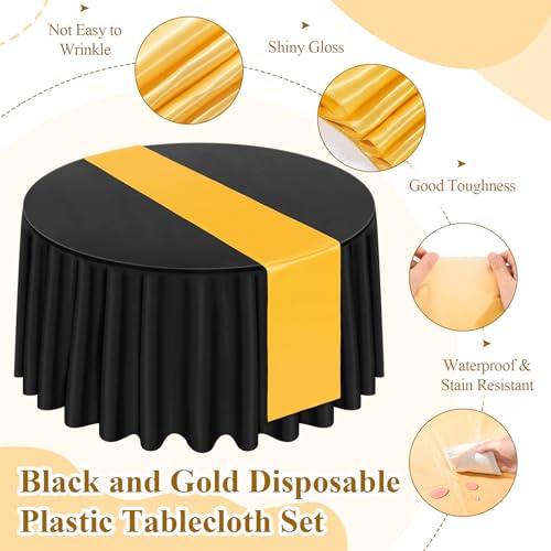 Buryeah 6 Set Black and Gold Round Tablecloth Disposable 84 Inch Round Table Cloths Disposable for Graduation Wedding Birthday Parties Decor Bridal Happy New Year Indoors Outdoors by Buryeah - Used condition - Image 3