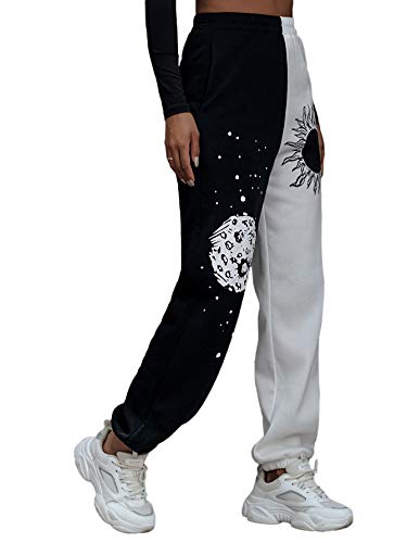 Soly Hux Women's Graphic Letter Print Elastic Waist Sweatpants Color Block Cozy Running Joggers Pants Black White Sun M #TOP2