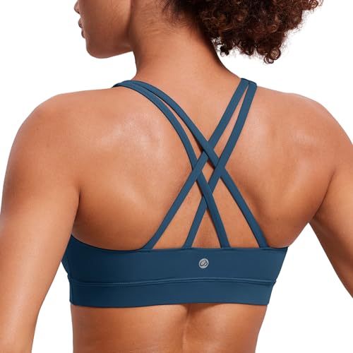CRZ YOGA Women's Strappy Back Sports Bra - Mid Impact Wirefree Padded Workout Yoga Crop Top French Navy M