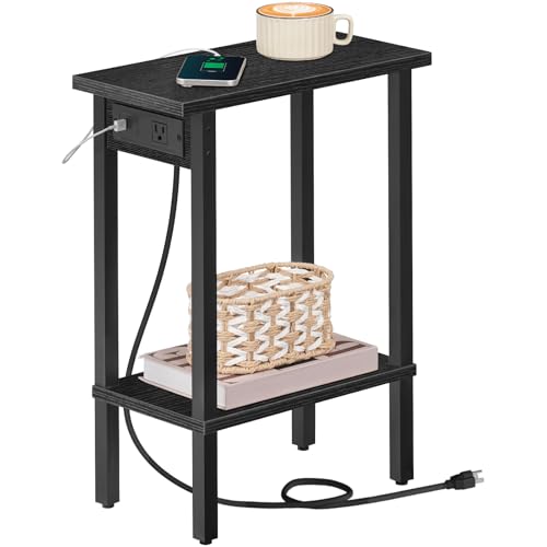 HOOBRO Small End Table with Charging Station, Narrow Side Table with USB Port and Outlets, Skinny Sofa Table, Slim Nightstand, Living Room, Bedroom, Black BK240UBZ01