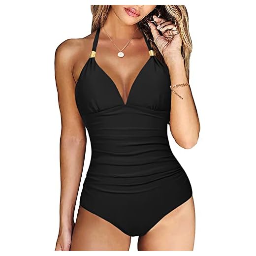 Maillots de Bain Une Pièce pour Femme,Col en V Maillots de Bain 1 Pièce Contrôle du Ventre Push Up Monokini Vintage Dos Nu Swimwear De Plage Beachwear Été,Noir,M