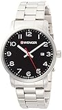 DETAILS: WENGER Avenue Sport-Uhr, unisex, Gehäuse-Ø 42 mm, Bandanstoßbreite 22 mm, Höhe 9,4 mm, Gewicht 125 g, Analog-Quarz-Uhrwerk, Edelstahl-Armband, 3 Jahre Garantie, Ziffernblatt: Schwarz, Armband: Silber, Artikel-Nr. 01.1641.102