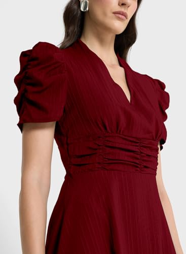Image of Sugathari Women Women's V-Neck Maxi Dress, A-Line Style, Puff Sleeves, Cinched Waist 246
