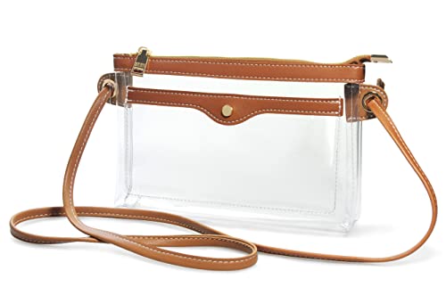 Women's Clear PVC Cross Body Bag Pocket Shoulder Bag with Vegan Leather Trim Transparent Zipper Purse Stadium Approved (Brown)