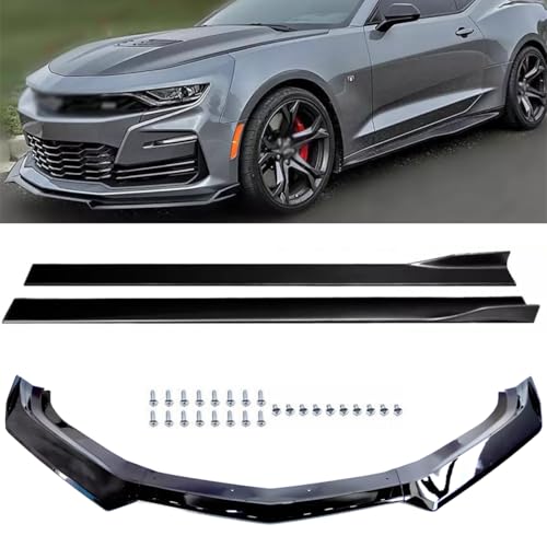 YHoptional Front Bumper Lip with Side Skirt for Chevy Camaro 2016-2024, 1LE Style, Chevy Camaro SS Front Lip Splitter Spoiler & Side Skirt Kit Rocker Panel Pair (Glossy Black)