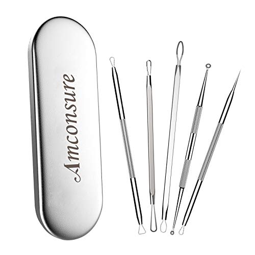 Amconsure Blackhead Remover, Comedone Pimple Extractor, Acne Whitehead Blemish Removal Kit, 5-in-1 Professional Stainless Steel Clean Tools