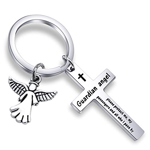 FEELMEM Guardian Angel Prayer Cross Keychain Guardian Angel Protect Me My Passengers by Safe Drive Safe Trip Travel Safely Keyring Motorist Prayer Gift (Silver)