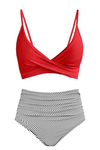 Image of Amy Babe Women's High Waisted Bikini Sets Push Up Twist Front Spaghetti Straps Ruched Two Piece Swimsuit Bathing Suit