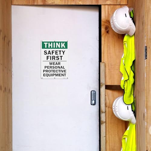 Image of T&R Large Think Safety First Sign Wear Personal Protective Equipment - 14 x 10 Inches Rust Free .040 Aluminum Reflective - UV Protected, Waterproof and Fade Resistant - 6 Pre-drilled Holes