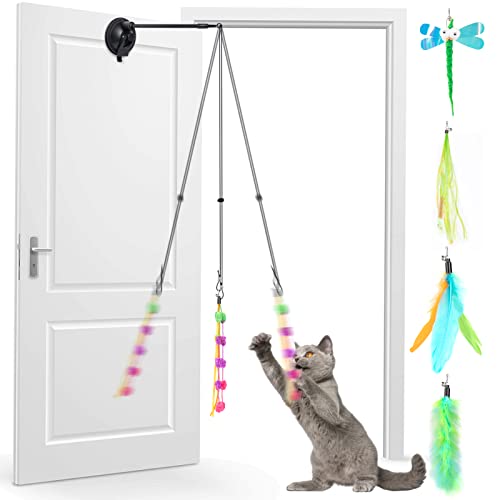 MEWTOGO Retractable Hanging Cat Toy, Interactive Cat Feather Toys with Super Suction Cup and 5 Replaceable Toys, Great Cat Teaser Toy Gift for Indoor Cats Kitten Playing(Green Series)