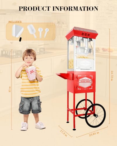 Image of Large Popcorn Machine with Cart: 12 Oz Vintage Commercial Popcorn with Foldable Stand Makes Up to 48 Cups, 3 Serving Cups, Measuring Cups & a Scoop for Home Party Office, Matte Red