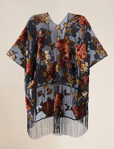 Image of MJ SERECA Women's Burnout Velvet Kimono Cardigan Cover Up with Tassel