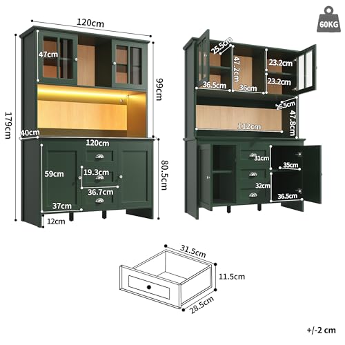 Miniatura 2 de A Alfrescool Armario Buffet Alto, Armario De Cocina, Aparador, Con Puertas De Cristal Marrón E Iluminación Led, 4 Puertas Y 3 Cajones, Para Cocina, Comedor, 120 X 40 X 179 Cm Verde