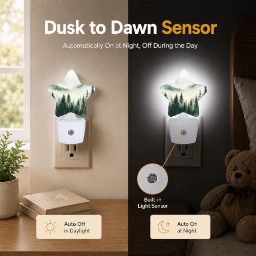 Image of Green Misty Forest Plug in Star Night Light, Night Light with Sensor for Kids Nursery Bedroom, Decorative Soft Glow Lamp for Hallway Bathroom, Energy Saving