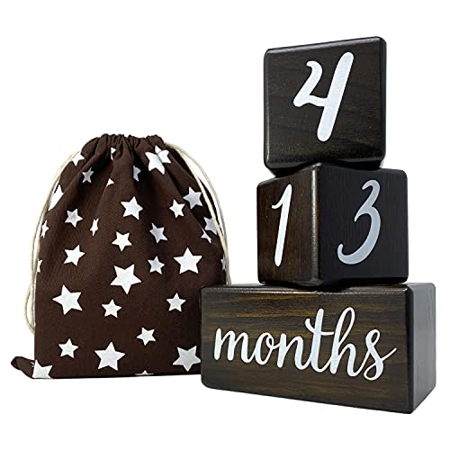 Image of Natural Baby Milestone Blocks for Boy or Girl - Dark Brown Pine Wood with Weeks Months Years Grade - Milestones Age Block Set + Bag, Newborn Weekly Monthly First Year Picture Props, Baby Gift