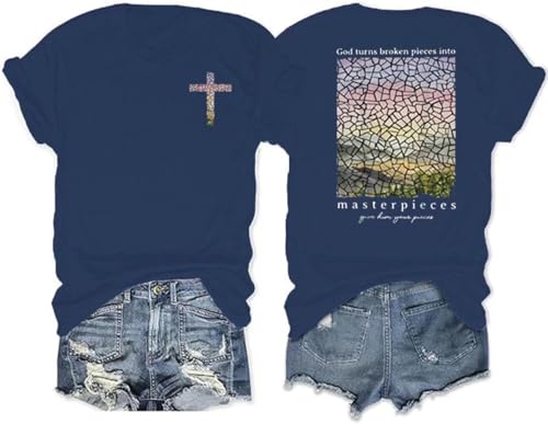Women's Christian Bible Verse Graphic T Shirts Vintage Jesus Faith Pray Cross Print Tees Crewneck 2 Sided Tops (Small, Blue-1)
