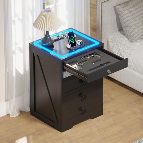 Lvifur RGB Nightstand with Gun Drawer, Glass Top Bedside