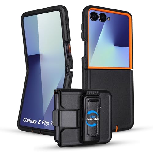 Image of for Galaxy Z Flip 7 Case with Belt Clip, 2 Layers of Sturdy, Heavy Duty Military Grade Protective Phone Case for Samsung Flip 7, Black & Orange