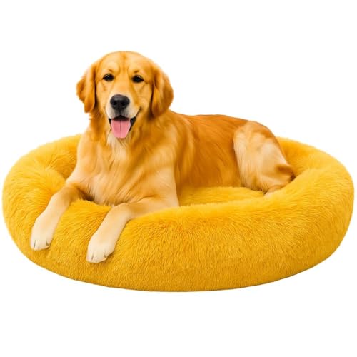 Image of Fabric Fluffy Washable Waterproof Dog Bed For Summer | Large Size Round Pet Bed For Golden Retriever, Labrador, Pug, Beagle | Anti-Skid, Soft & Cozy For All Breeds (Golden, S)