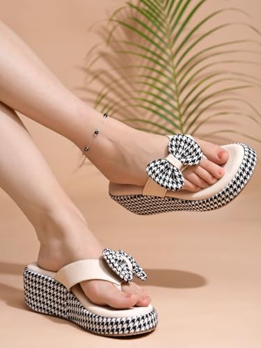 Image of Shoetopia Women's Wedge Flip Flops with Bow - Stylish Platform Sandals, Comfortable Casual Slip-On Slippers for Summer Beach & Daily Footwear