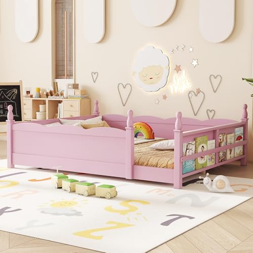 Image of Bellemave Queen Size Montessori Floor Bed Frame with High Fence, Solid Wood Kids Floor Bed with Bookshelf, Low Profile Bed for Boys & Girls, Childlike Design,Pink