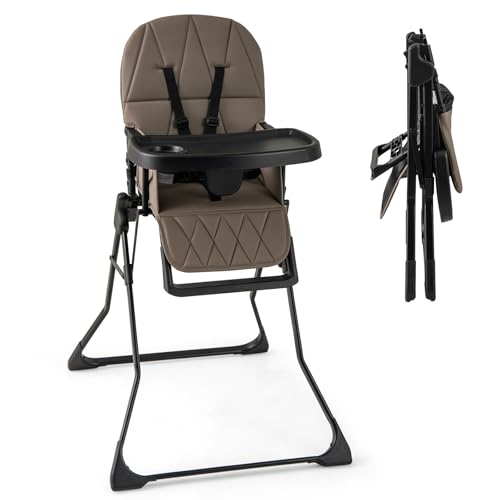 Image of HONEY JOY High Chair, Foldable Baby Feeding Chair, Adjustable Tray & Footrest, Removable Easy-to-Clean PU Seat Cushion, 5-Point Harness, Cup Holder, Highchairs for Babies and Toddlers (Coffee)