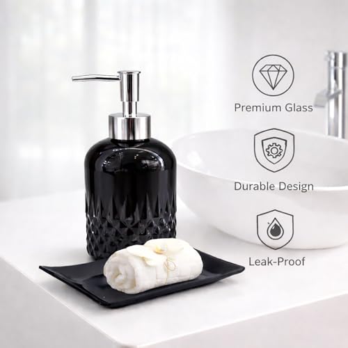 Image of Luxe Home International Diamond Cut Pattern Glass Soap Dispenser for Bathroom and Kitchen Sink Leak Proof Liquid Hand Wash Round Bottle Lightweight Smooth Finish (19.5x8 cm Black) Pack of 1