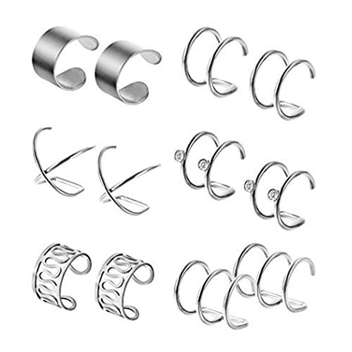 HOMEYU 6 Pares de Clips de Oreja de Acero Inoxidable, no Piercing, hélice, cartílago, Pendientes, Oreja, Manguito, Oreja, Huesos, Unisex, 6 Estilos