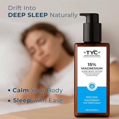 Image of TYC Trust Your Choice Magnesium Sleep Body Lotion, 15% Magnesium Chloride with Ashwagandha and Frankincense Oil, Magnesium Lotion For Sleep For, Magnesium Lotion For Muscle Recovery, Relaxation, No Added Fragrance - 250ml( Pack of 1)