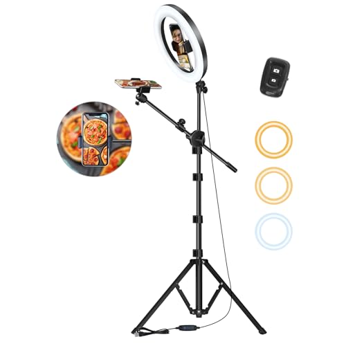 LUXSURE 10.5 Ring Light with Stand 75'' Tall and 2 Phone Holder, Overhead Tripod with Remote for iPhone, Tripod with Ring Light for Cooking/Live Stream/Video Recording