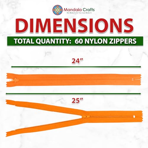 Image of Mandala Crafts 60 PCs Orange Closed-End 24 Inches Nylon Zippers for Sewing